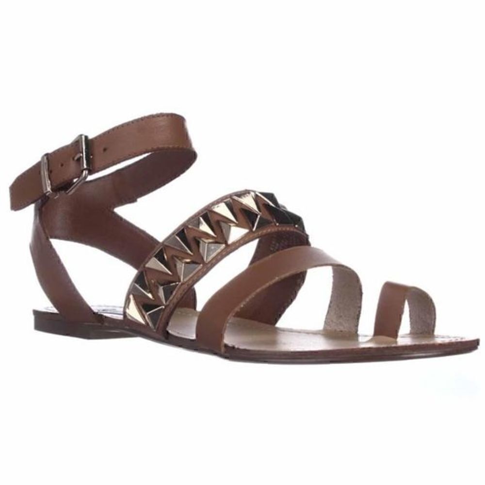 Womens Steve Madden Curlyy Toe Loop Studded Flat Sandals - Cognac